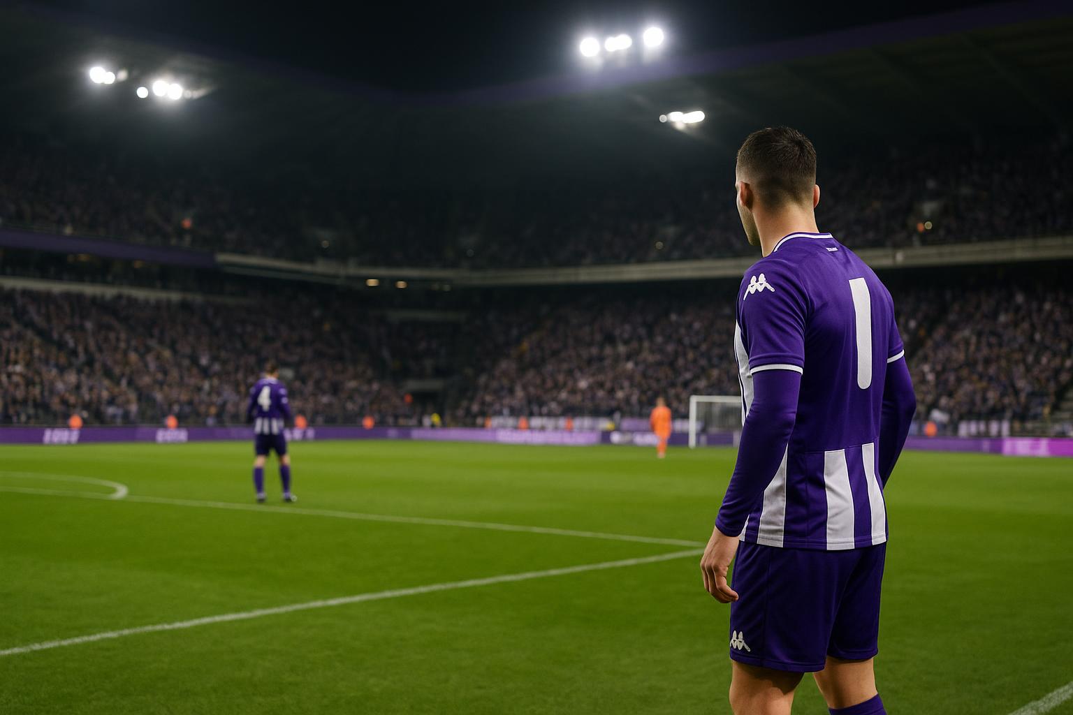 Sfeerbeeld in het Lotto Park bij RSC Anderlecht tijdens een wedstrijd, met paars-witte tribunes zonder herkenbare gezichten.