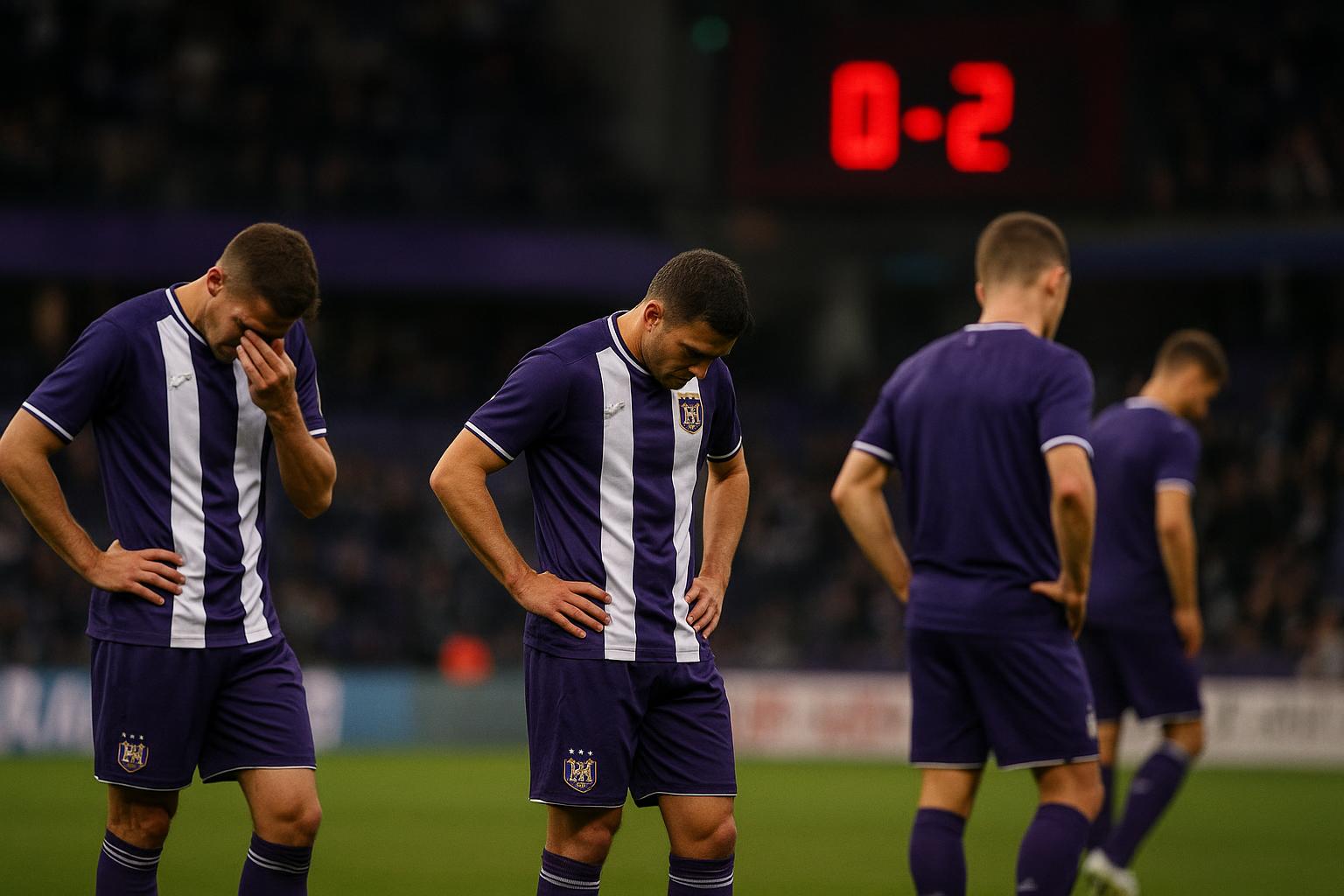 Spelers van RSC Anderlecht druipen teleurgesteld af in het stadion na een wedstrijd.
