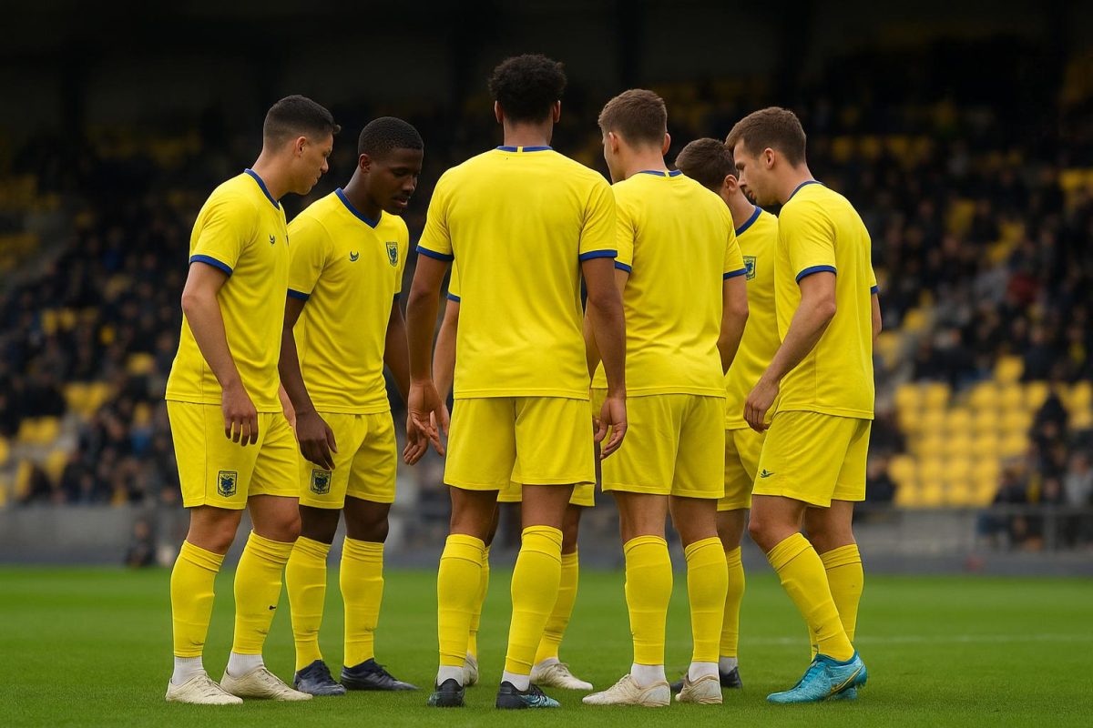 Spelers van STVV vieren samen op het veld in het stadion