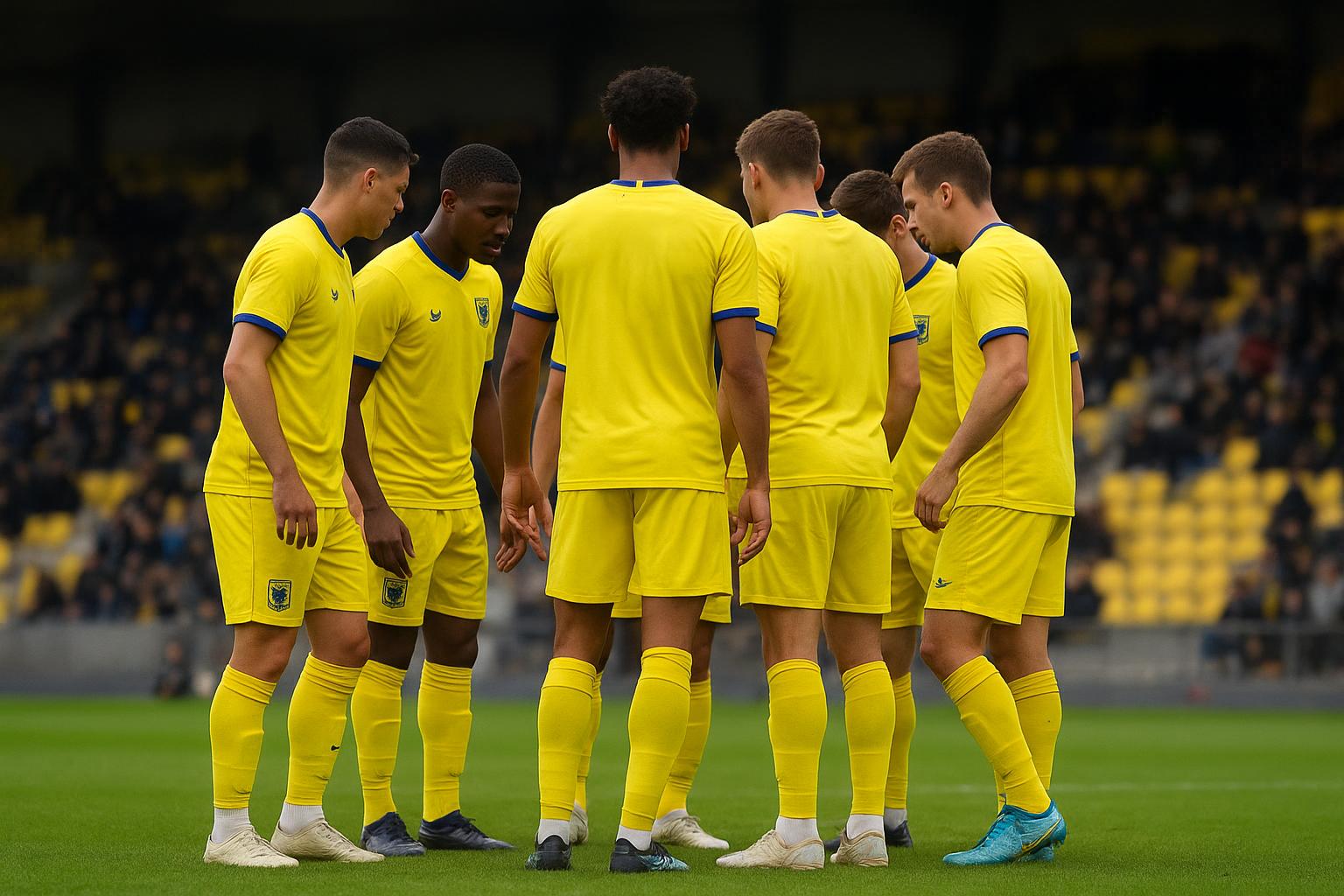 Spelers van STVV vieren samen op het veld in het stadion