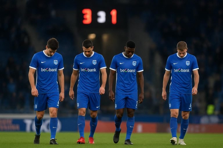 Teleurgestelde spelers van KRC Genk in een stadionomgeving na een wedstrijd