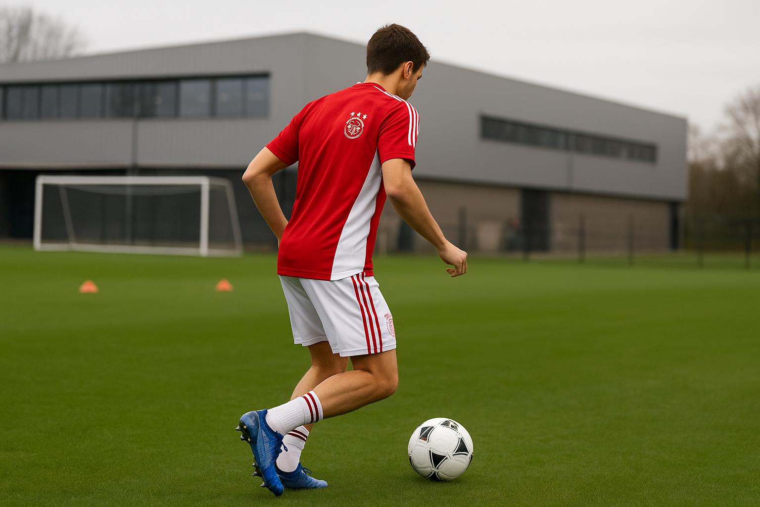 Mika Godts van Ajax tijdens een training, gefotografeerd zonder herkenbaar gezicht
