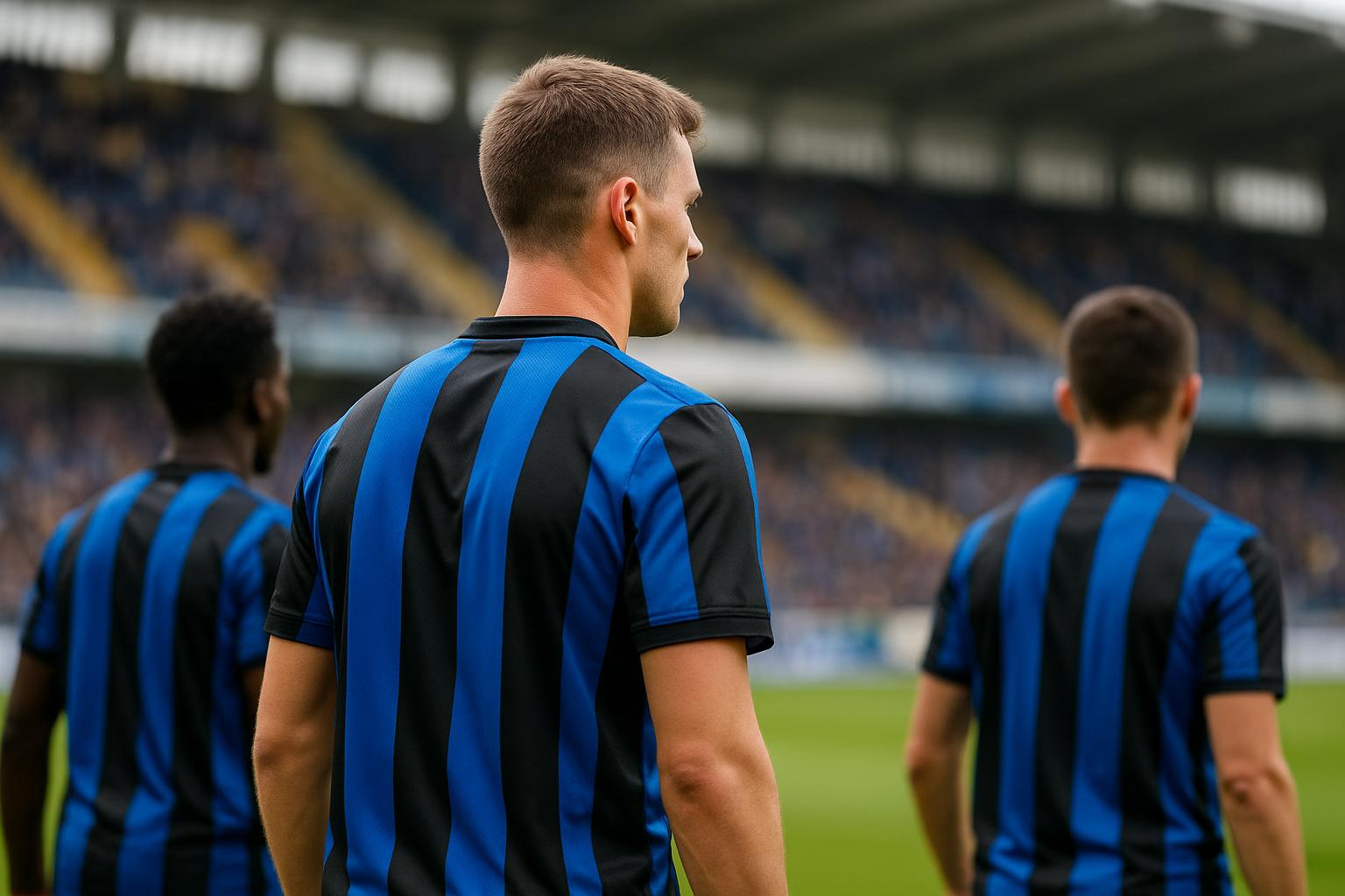 Spelers van Club Brugge vieren een doelpunt in het stadion, met focus op teamsfeer zonder herkenbare gezichten.