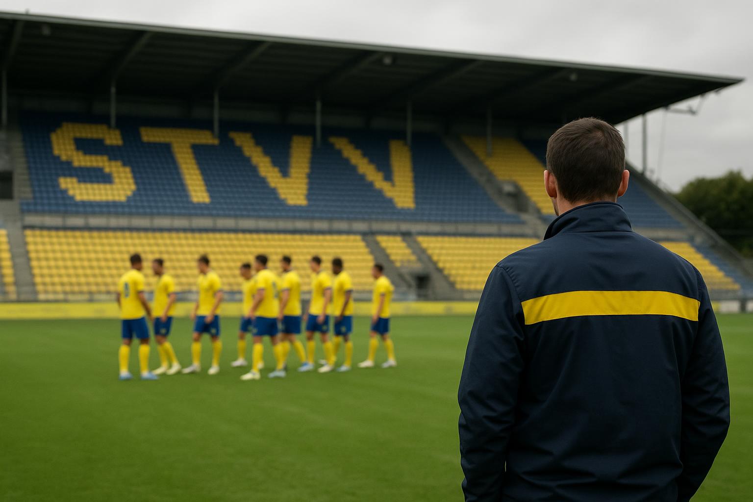 Sfeerbeeld van STVV op Stayen met spelers die samen vieren
