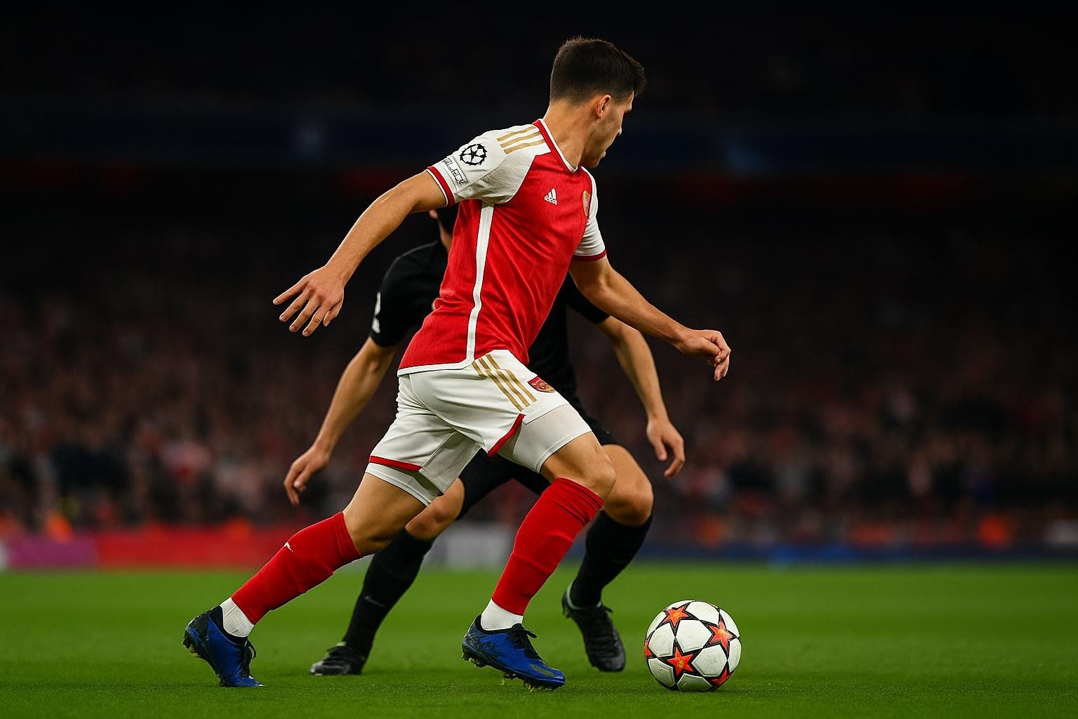Leandro Trossard in actie voor Arsenal tijdens een Champions League-wedstrijd