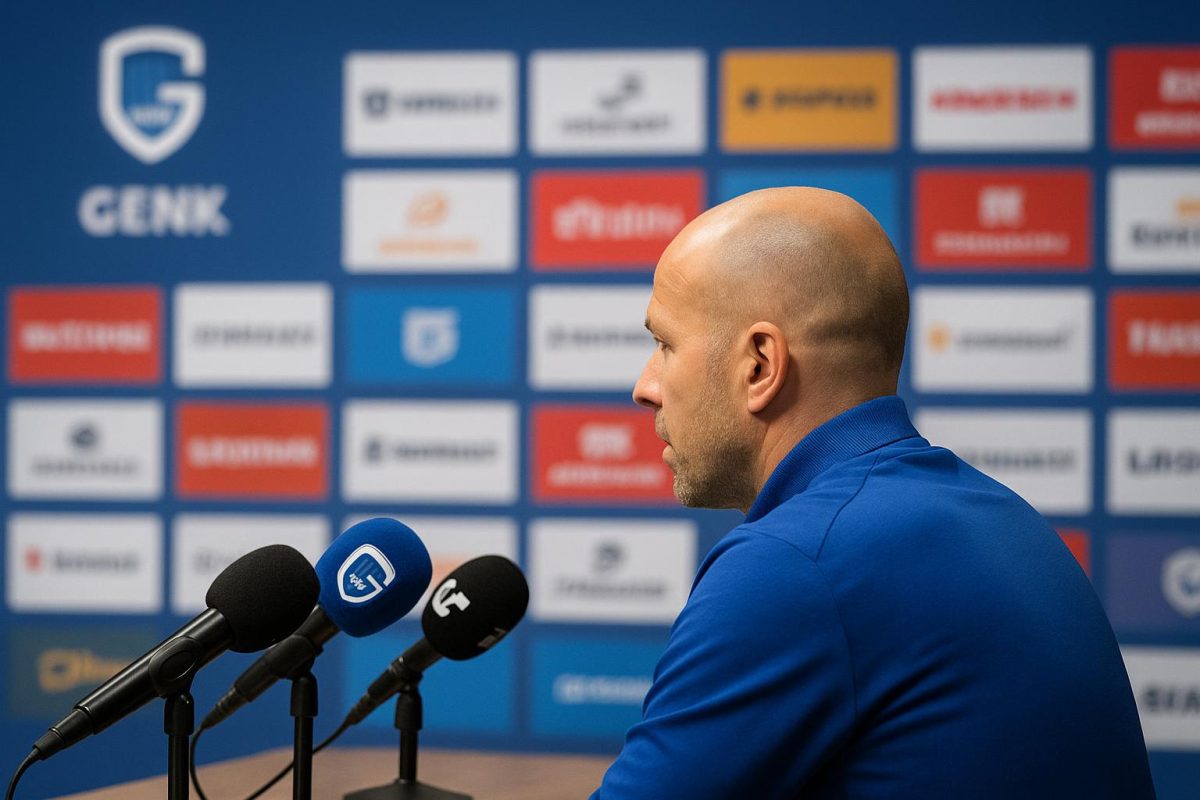 Nicky Hayen tijdens een persmoment van KRC Genk in de Europe Play-Offs
