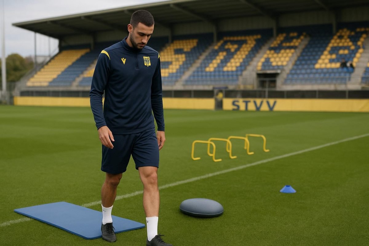 STVV-speler op training terwijl hij herstelt van een blessure