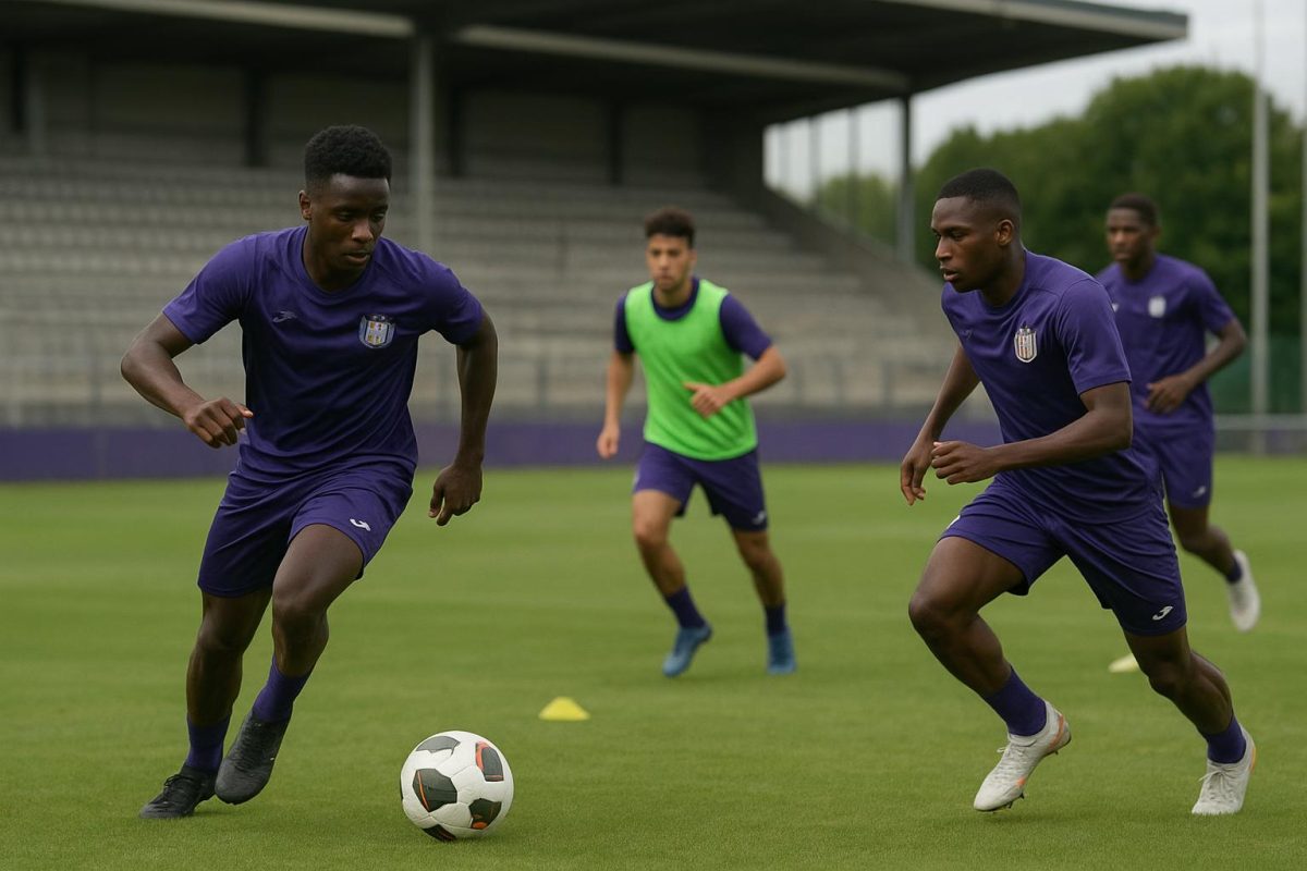 Training van RSCA Futures op Neerpede met spelers in beweging, zonder herkenbare gezichten