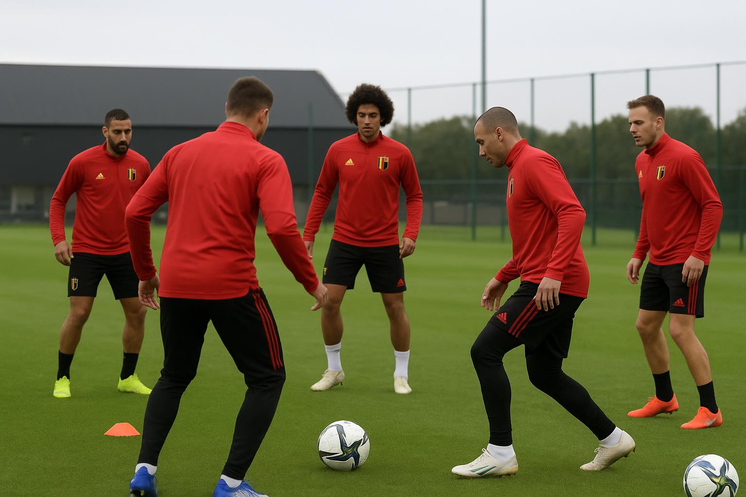 Training van de Rode Duivels met spelers op het veld, gezien vanop afstand