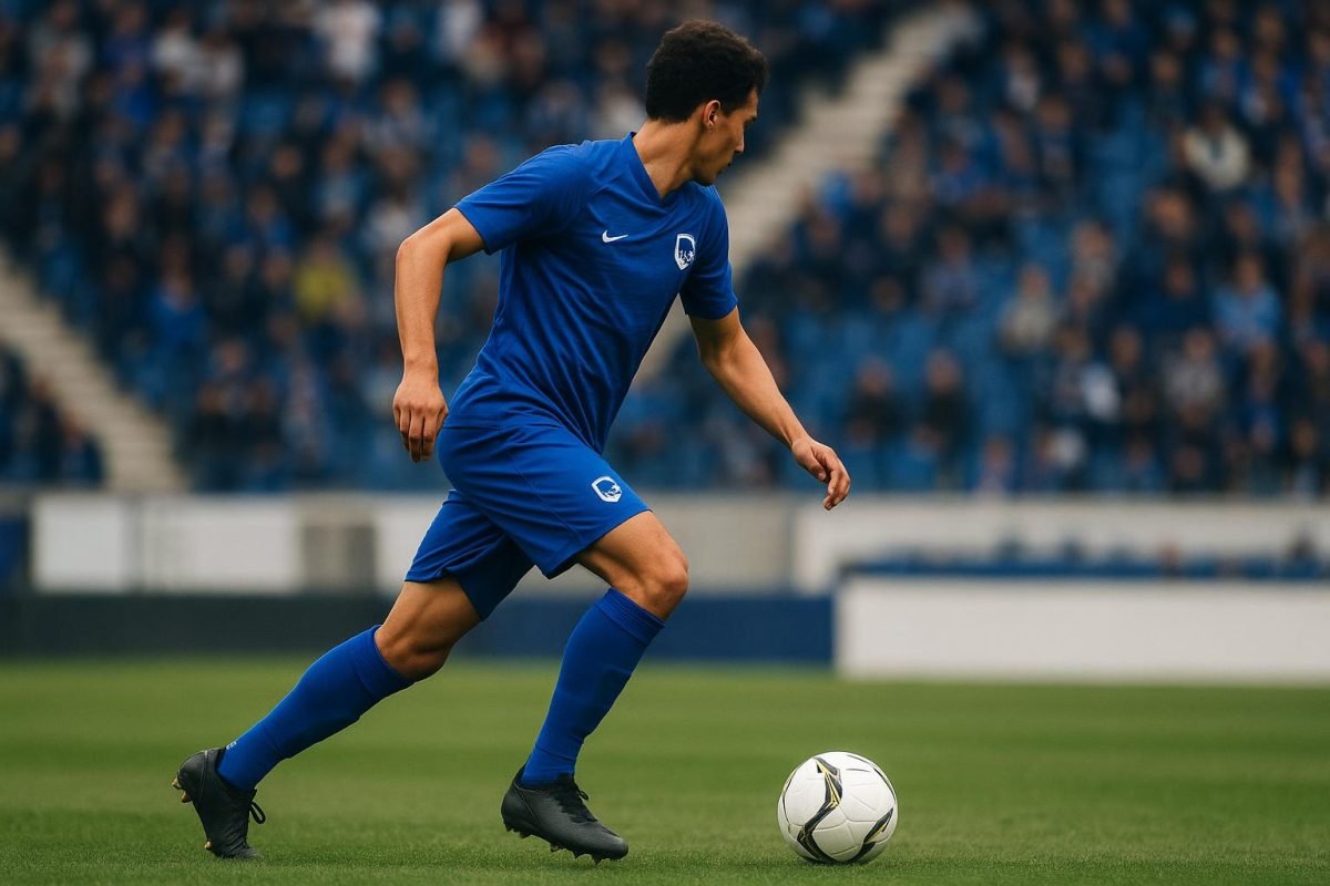 Actiefoto van een KRC Genk-middenvelder in wedstrijdcontext, zonder herkenbare gezichten