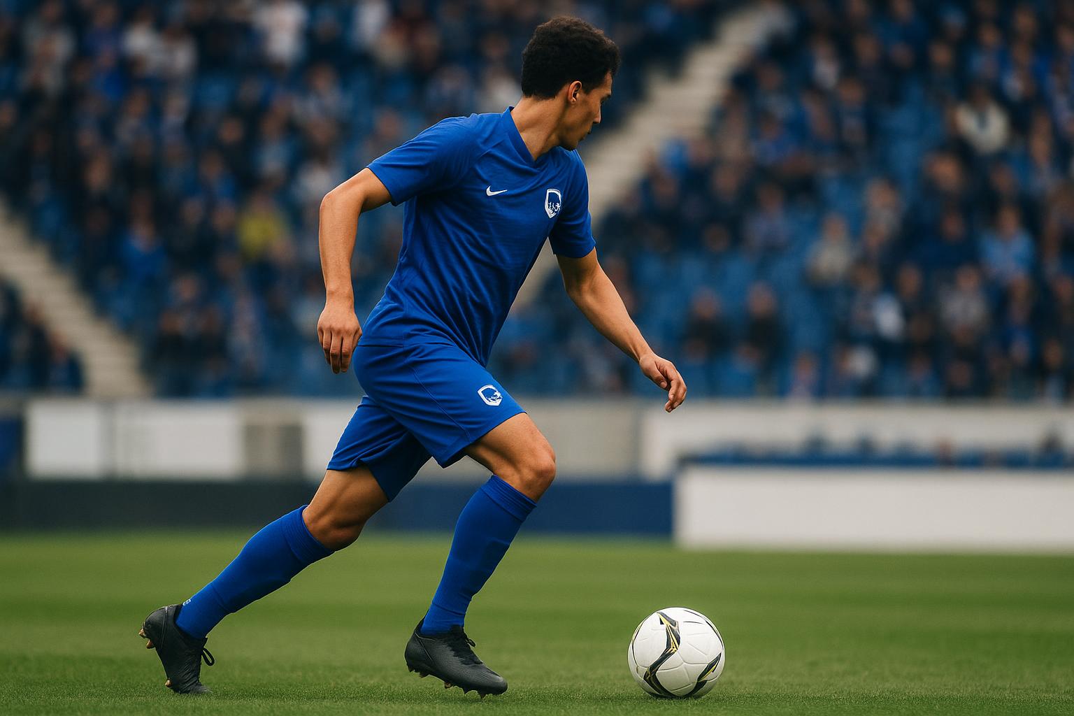 Actiefoto van een KRC Genk-middenvelder in wedstrijdcontext, zonder herkenbare gezichten