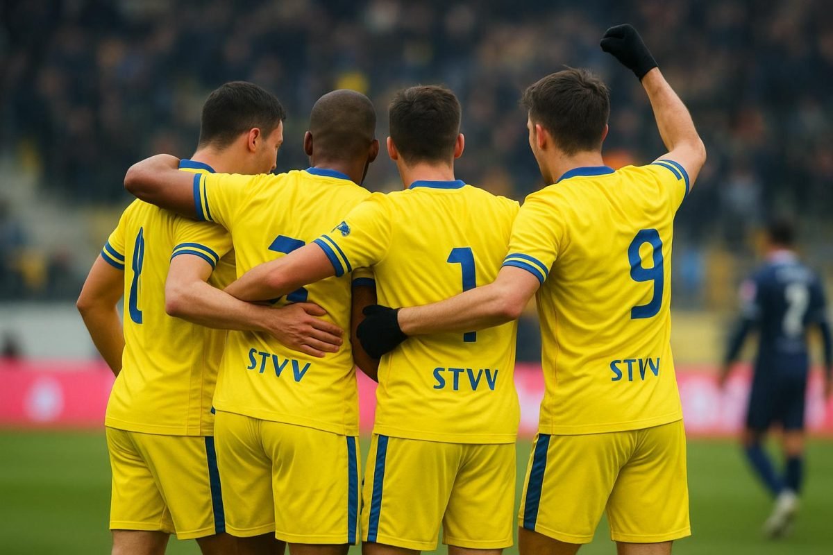 STVV-spelers vieren een doelpunt tegen Union Saint-Gilloise.