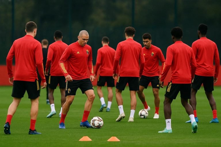 Sfeerbeeld van een training van de Rode Duivels met spelers op het veld