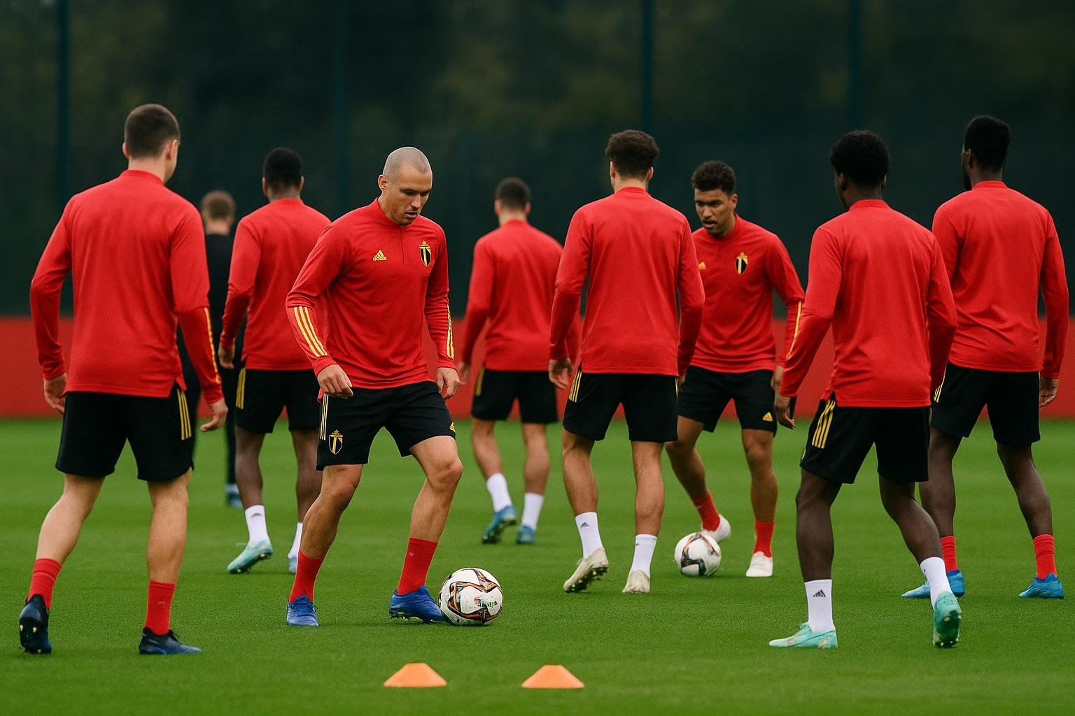 Sfeerbeeld van een training van de Rode Duivels met spelers op het veld