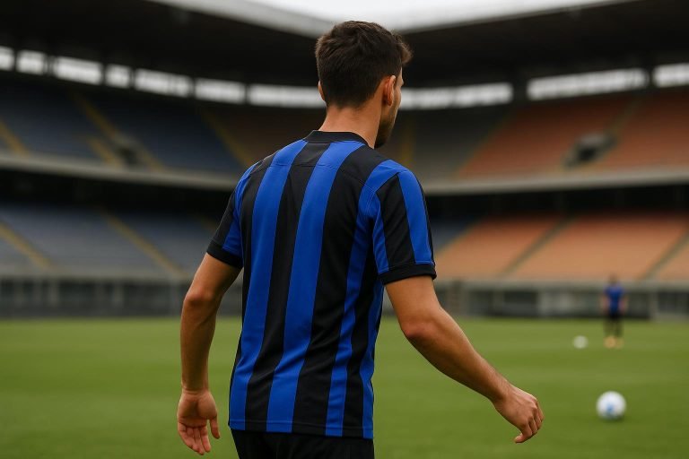 Sfeerbeeld van een verdediger op training in een Italiaans stadiondecor, zonder herkenbare gezichten