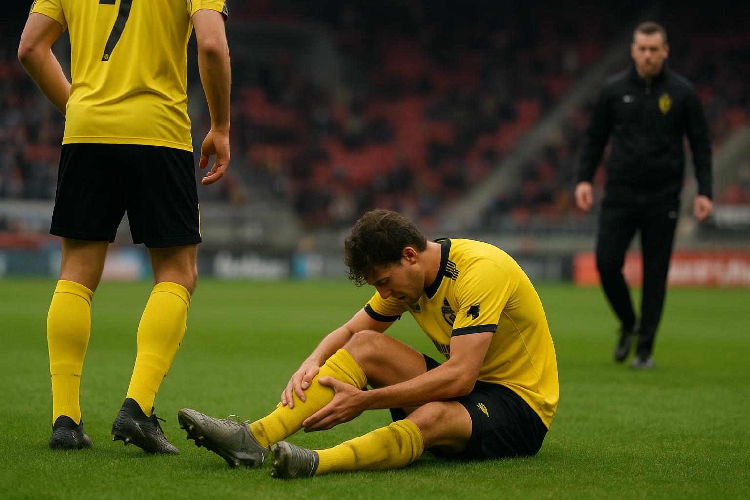 Sfeerbeeld van een wedstrijd van Lierse SK met focus op een speler met knieblessure