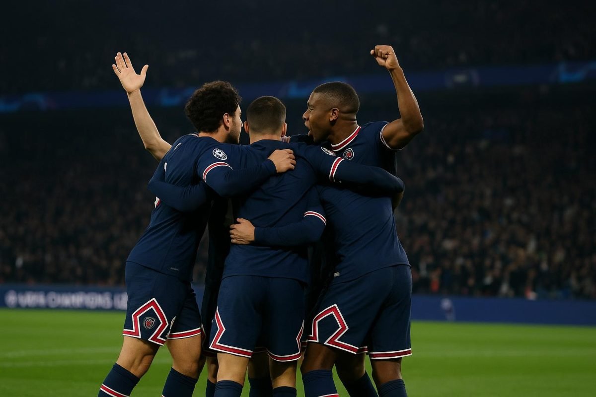 Spelers van Paris Saint-Germain vieren na de return tegen Bayern München in de Champions League.
