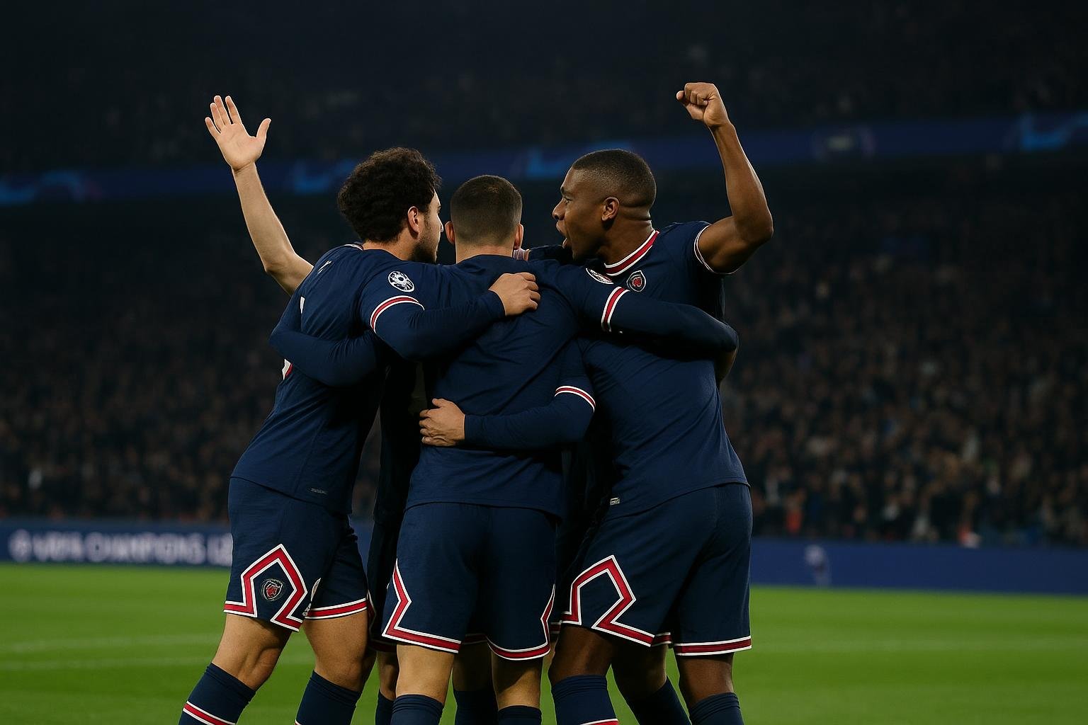Spelers van Paris Saint-Germain vieren na de return tegen Bayern München in de Champions League.