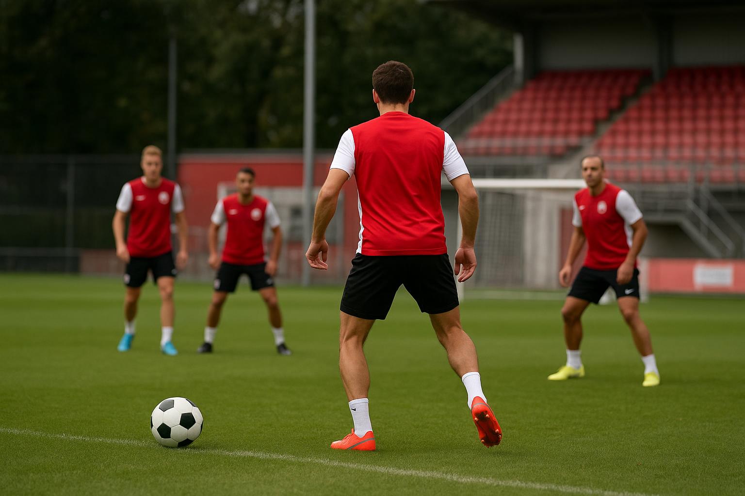 Spelers van FC Utrecht op training, met focus op een verdediger op de achtergrond