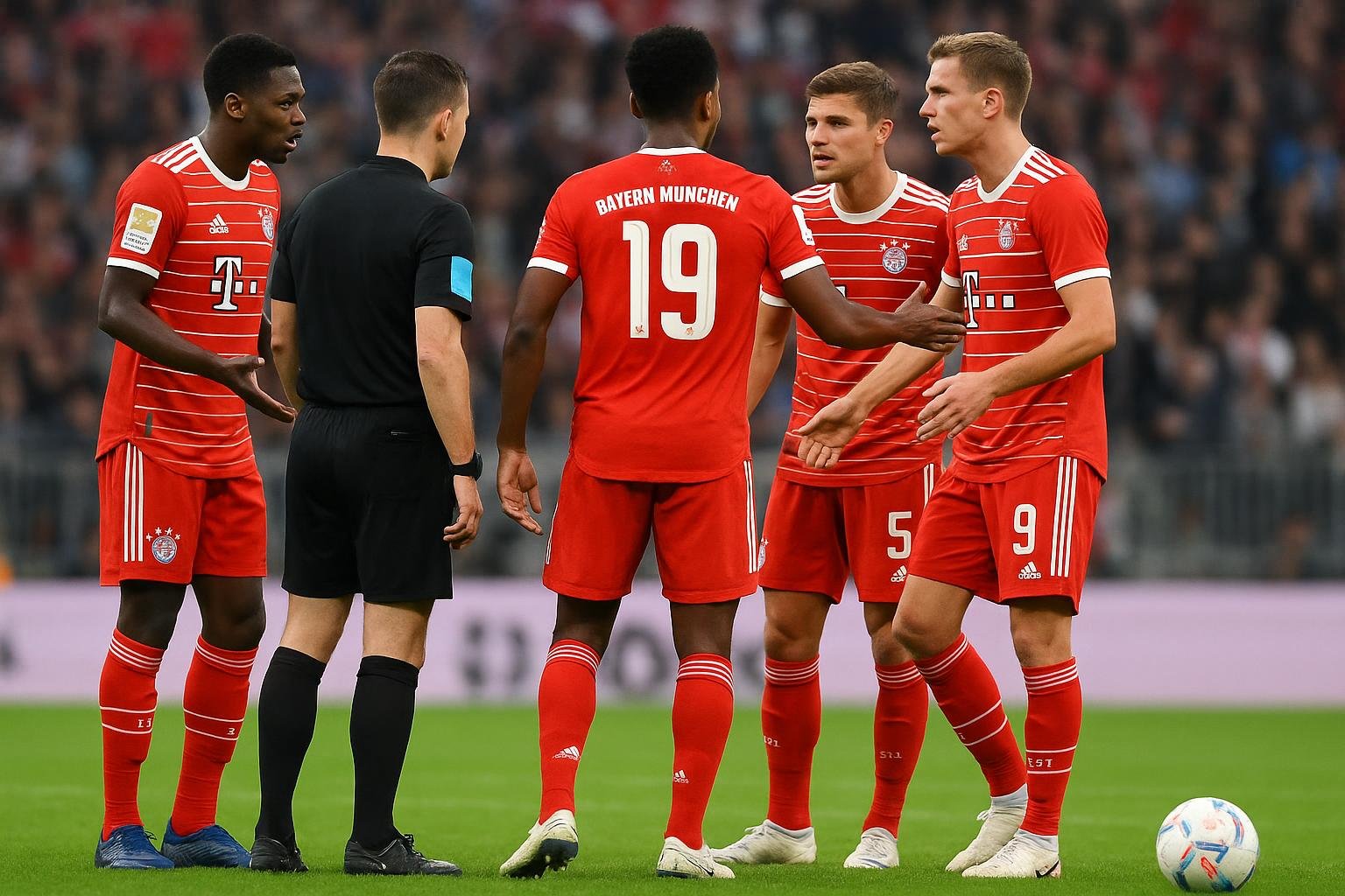 Spelers van Bayern München protesteren bij de scheidsrechter na een discutabele fase.
