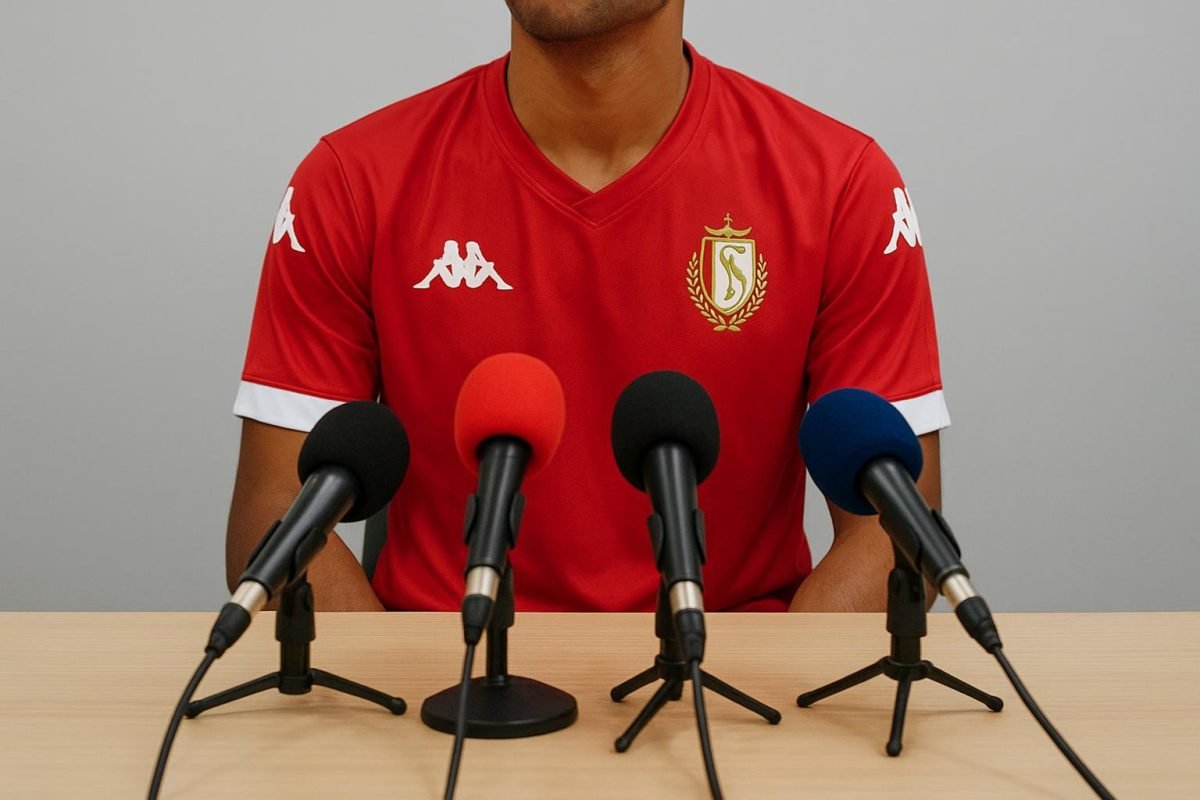 Matthieu Epolo, doelman van Standard Luik, tijdens een persmoment rond de match op Sclessin.