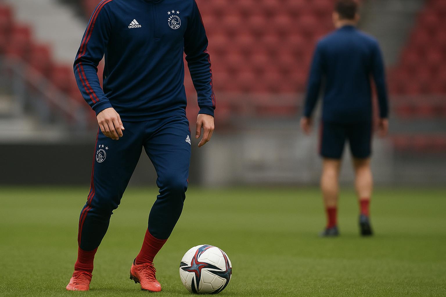 Mika Godts in Ajax-tenue tijdens een training, gefotografeerd vanop afstand