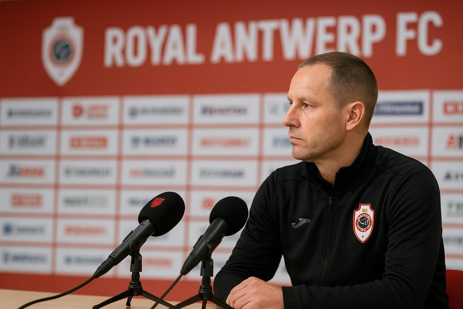 Joseph Oosting tijdens een persmoment bij Royal Antwerp FC op de Bosuil