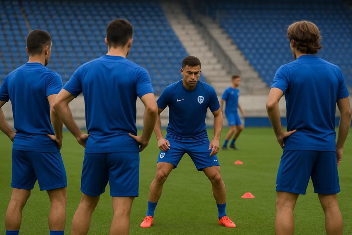 Defensiespelers van KRC Genk op het trainingsveld tijdens een drukke transferzomer