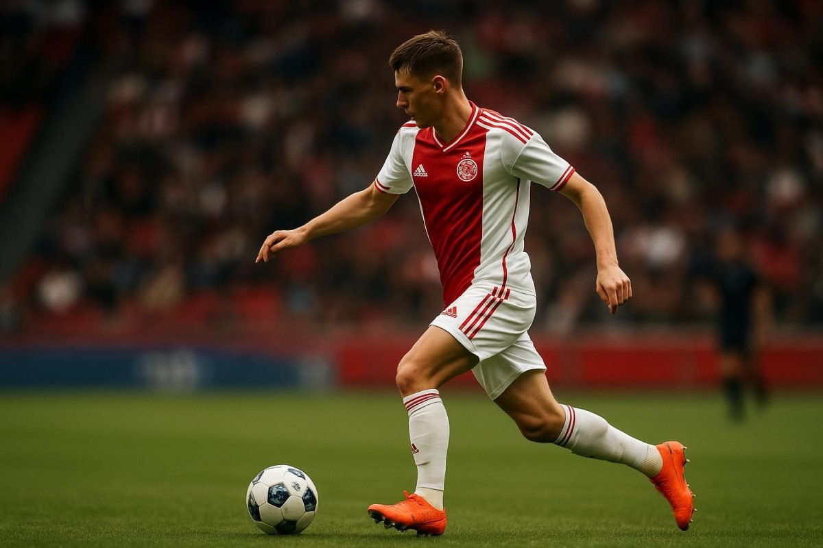 Mika Godts in actie voor Ajax tijdens een wedstrijd