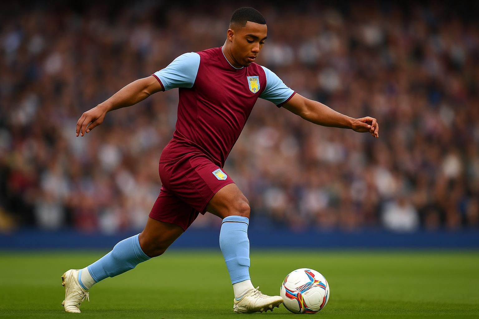 Youri Tielemans in actie op het middenveld bij Aston Villa