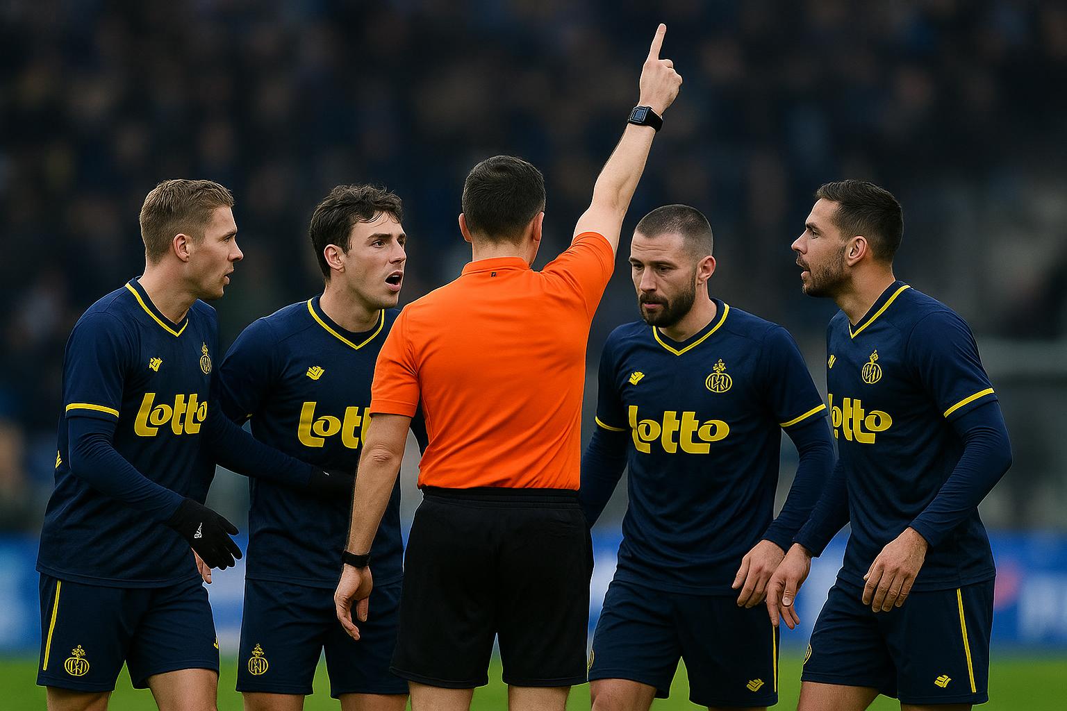 Spelers van Union SG discussiรซren met de scheidsrechter tijdens een wedstrijd in de Jupiler Pro League.