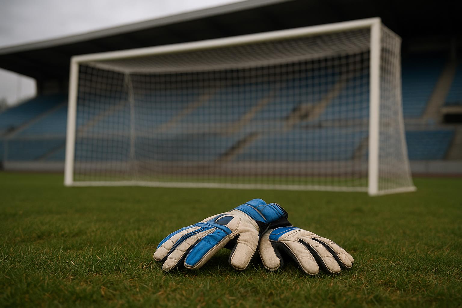 Doelmanstraining bij Club Brugge in Jan Breydel, met keepershandschoenen en doelnet in beeld