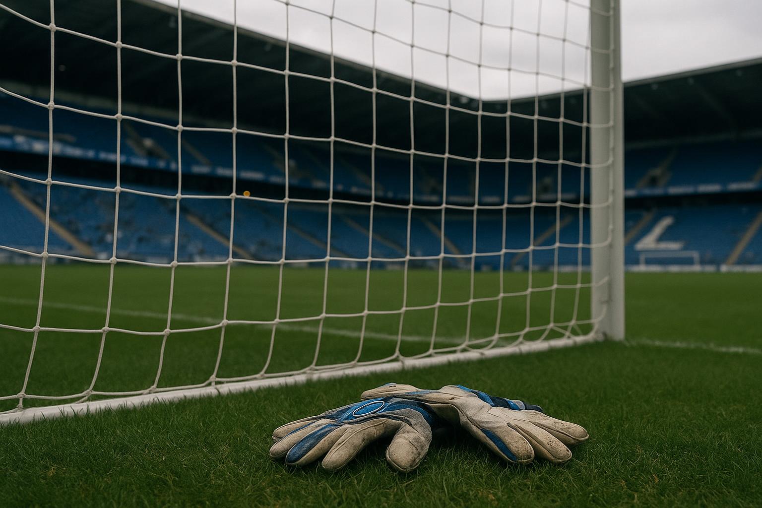 Keepershandschoenen en bal aan de doelmond in het Jan Breydelstadion bij Club Brugge