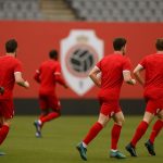 Spelers van Royal Antwerp FC in wedstrijdcontext in het stadion, zonder herkenbare gezichten