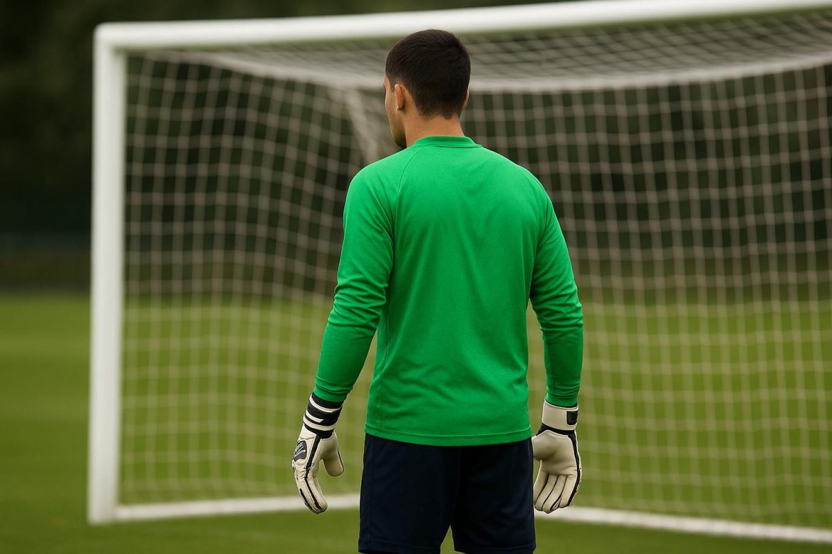 Doelman in trainingscontext met keepershandschoenen op een oefenveld