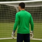 Doelman in trainingscontext met keepershandschoenen op een oefenveld