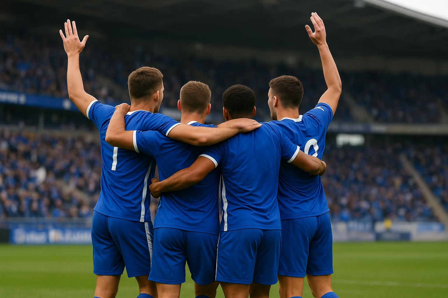 Spelers van KRC Genk vieren samen na een wedstrijd in het stadion