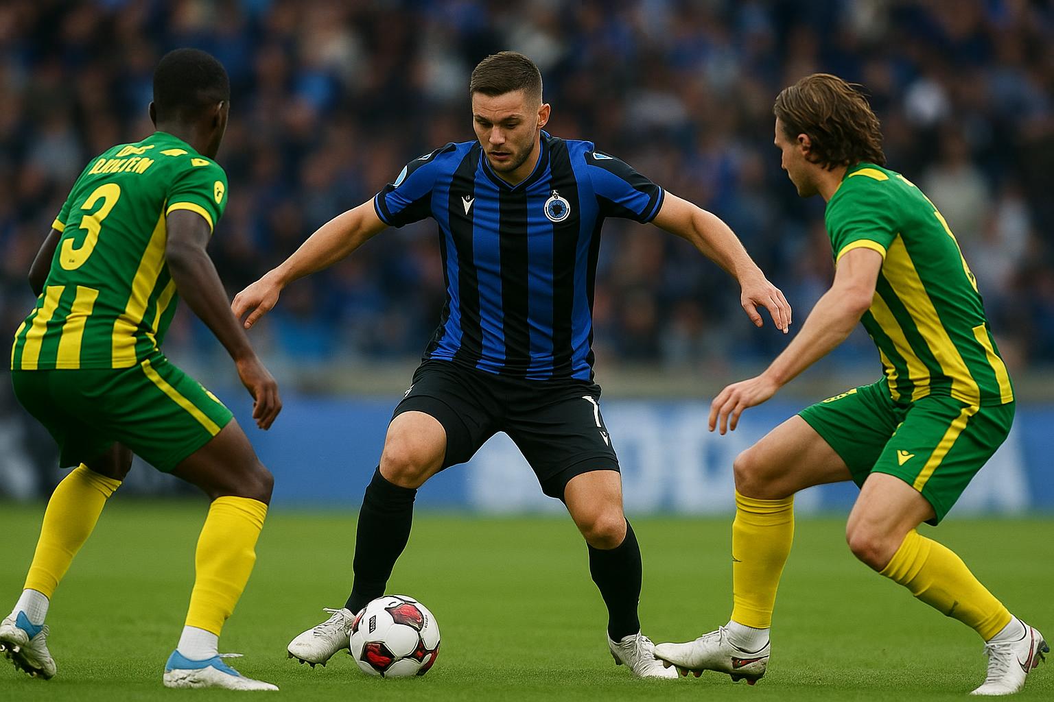Wedstrijdmoment van Club Brugge met Christos Tzolis in actie tijdens de Champions’ Play-Offs