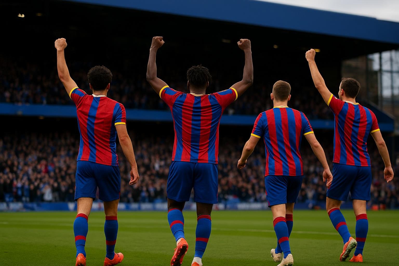 Spelers van Crystal Palace vieren de kwalificatie voor de Europese finale in Selhurst Park.