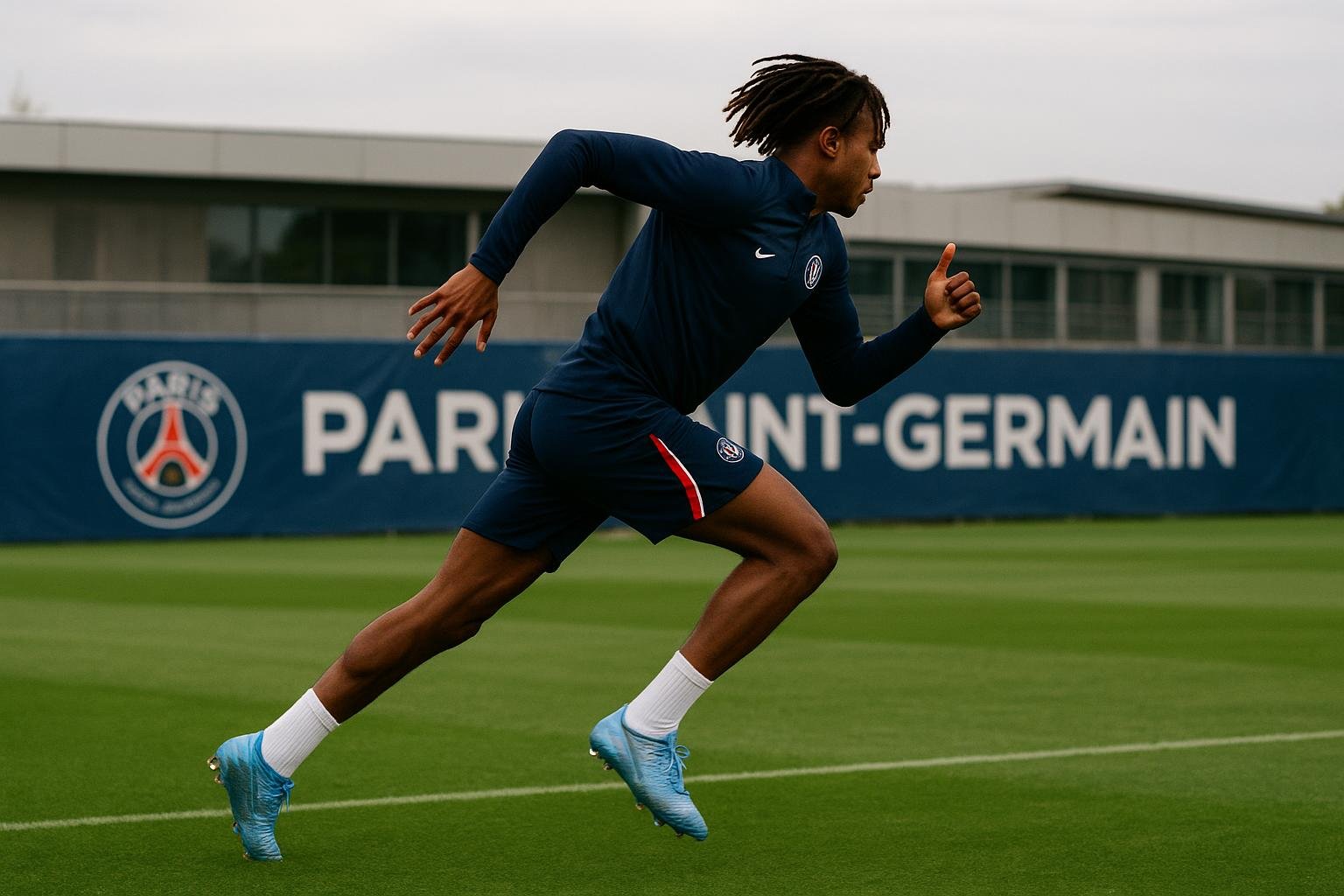 Bradley Barcola in PSG-trainingscontext, gezien vanop afstand zonder herkenbare gezichten