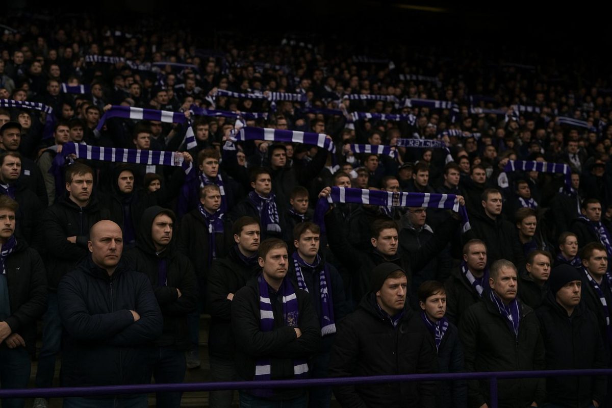 Supporters van RSC Anderlecht op de tribune tijdens een wedstrijd in het Lotto Park