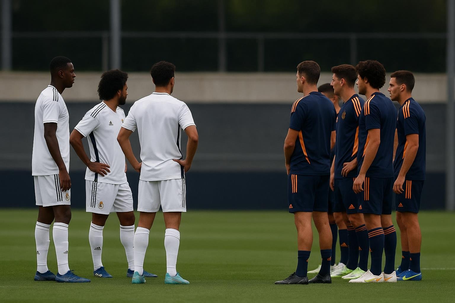 Spelers van Real Madrid op training, met gespannen sfeer op de achtergrond