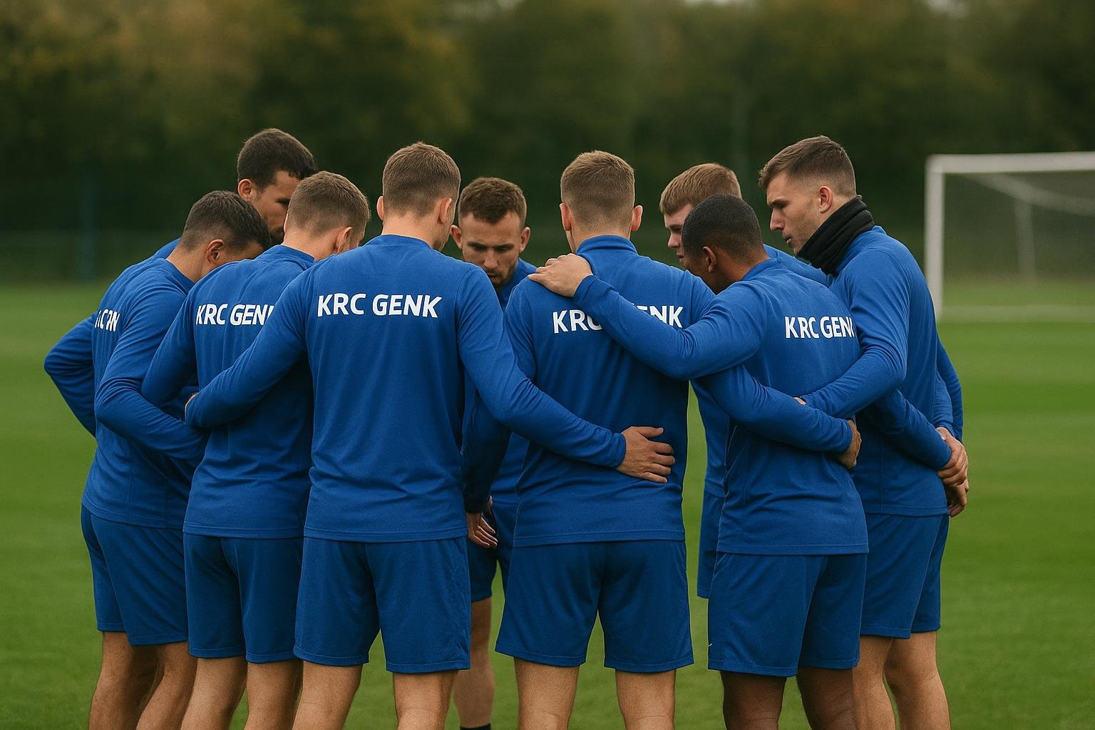 Spelers van KRC Genk in een groep tijdens een training, met focus op samenhorigheid en concentratie