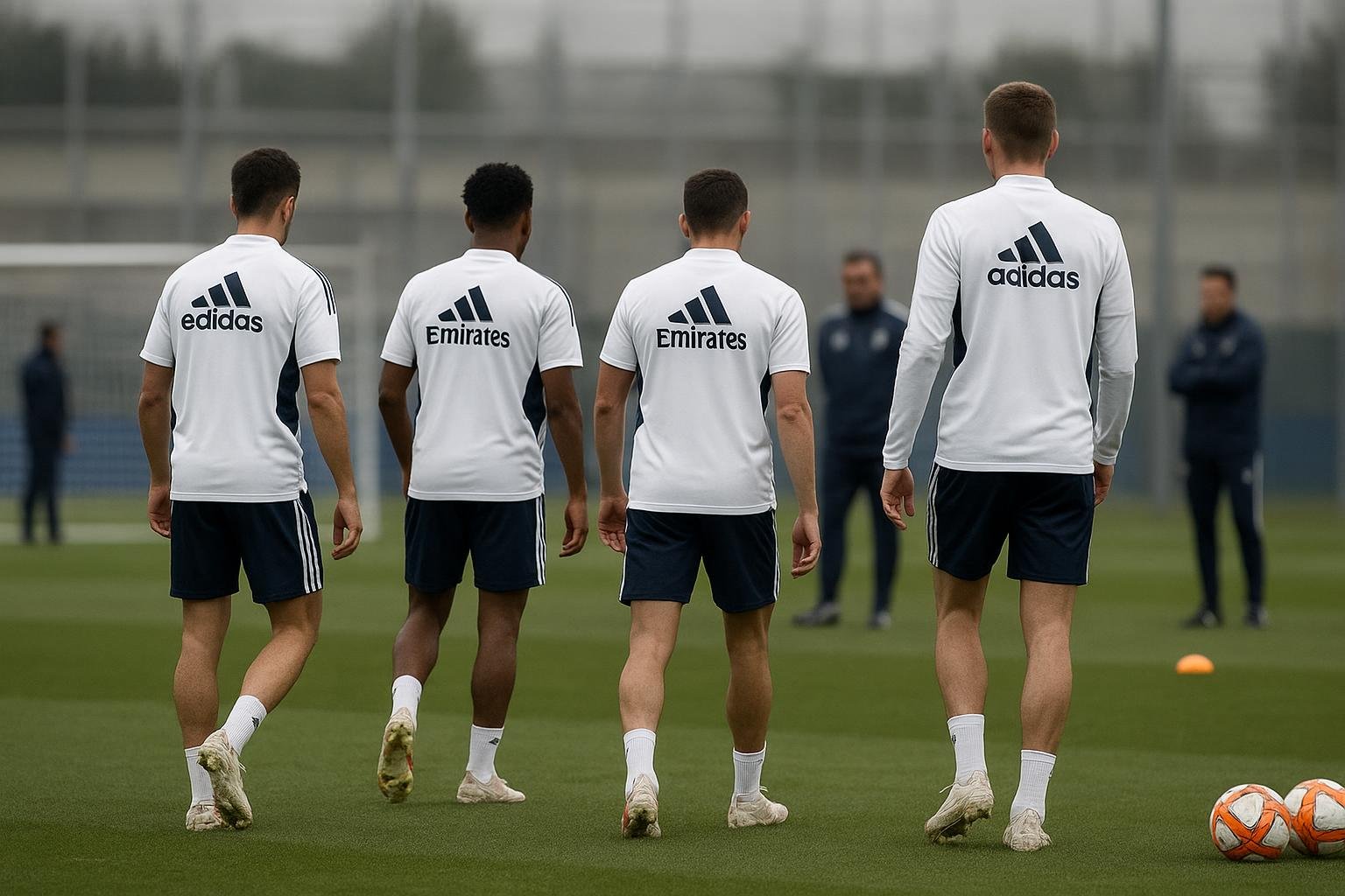 Sfeershot rond Real Madrid op training, met focus op onrust zonder herkenbare gezichten