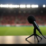 Sfeervolle aanblik van een Belgisch voetbalstadion in aanloop naar de bekerfinale, zonder herkenbare gezichten.