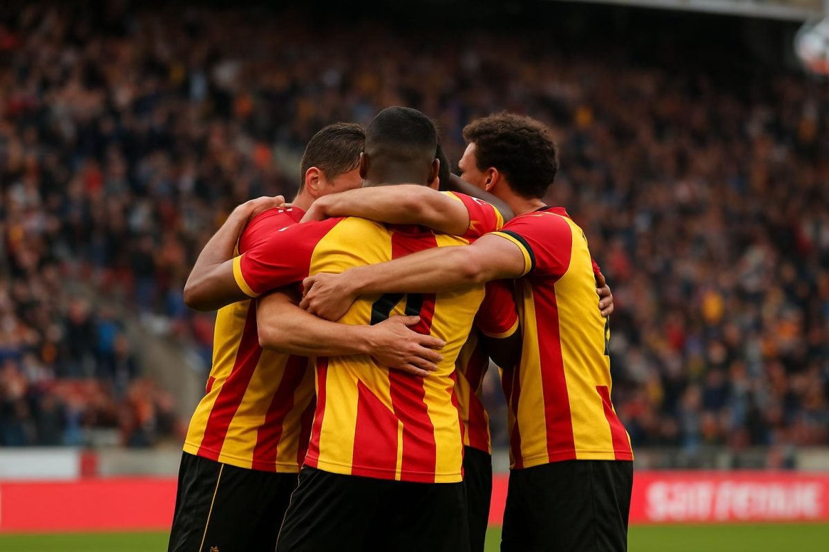 Spelers van KV Mechelen vieren een goal in het stadion, gezien vanop afstand.