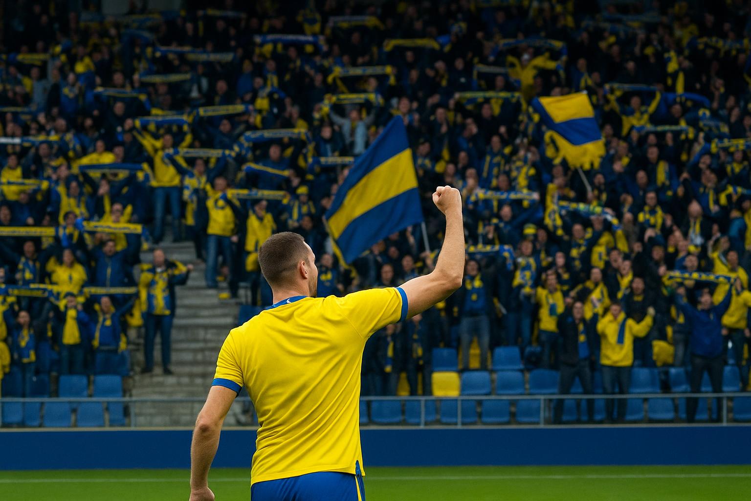 Spelers van STVV vieren een moment in geel-blauw in het stadion