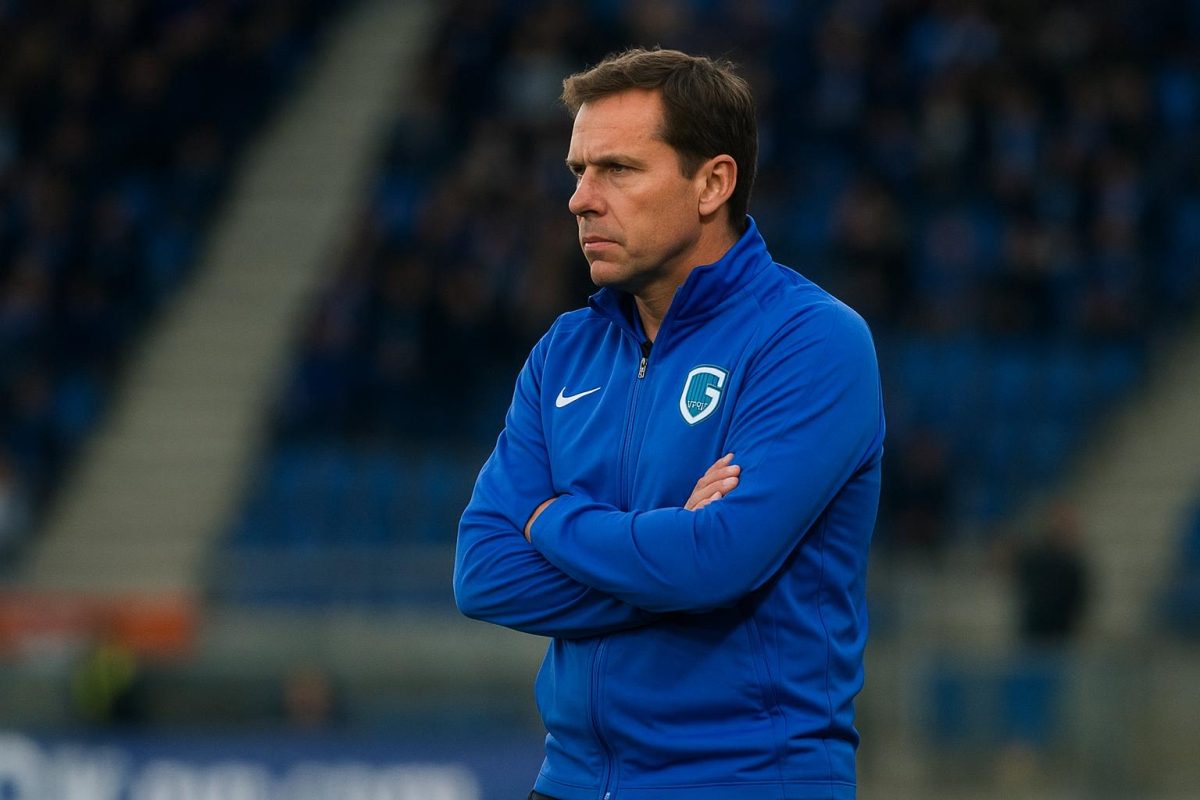 Nicky Hayen van KRC Genk langs de zijlijn tijdens een wedstrijdmoment