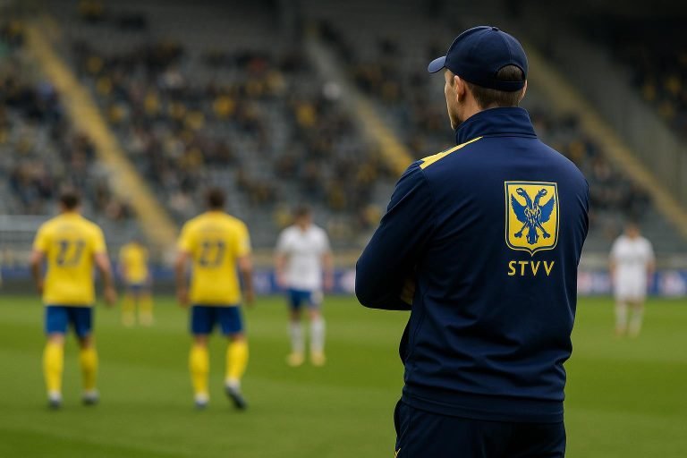 Wouter Vrancken coacht STVV langs de zijlijn tijdens een wedstrijd
