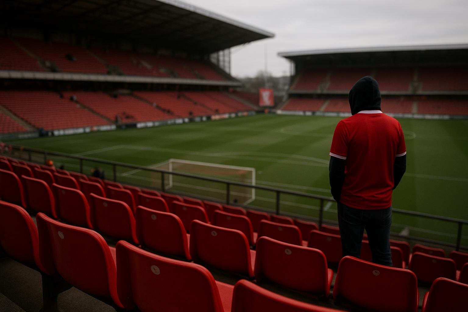 Sfeerbeeld in het stadion van Royal Antwerp FC met spelers op de achtergrond zonder herkenbare gezichten